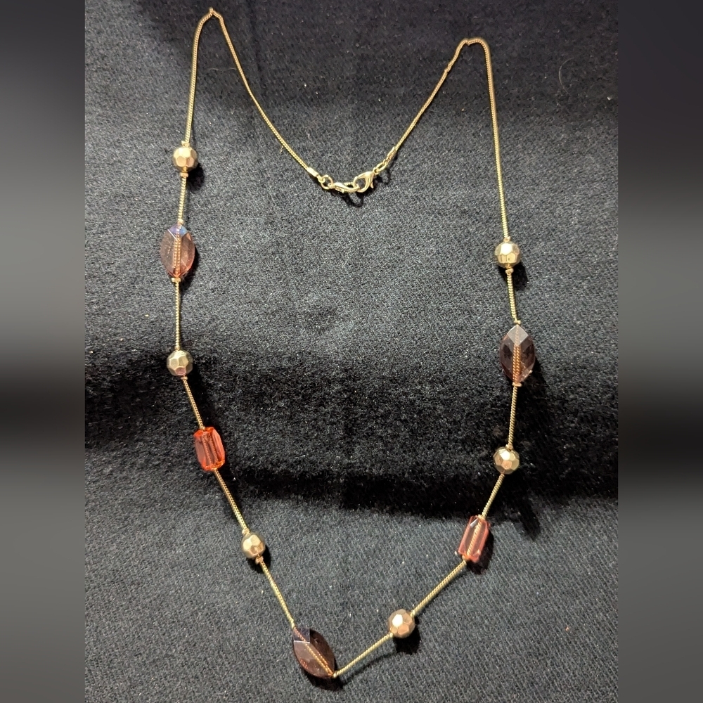 Gold Tone Brown And Pink Station Beaded Statement Necklace